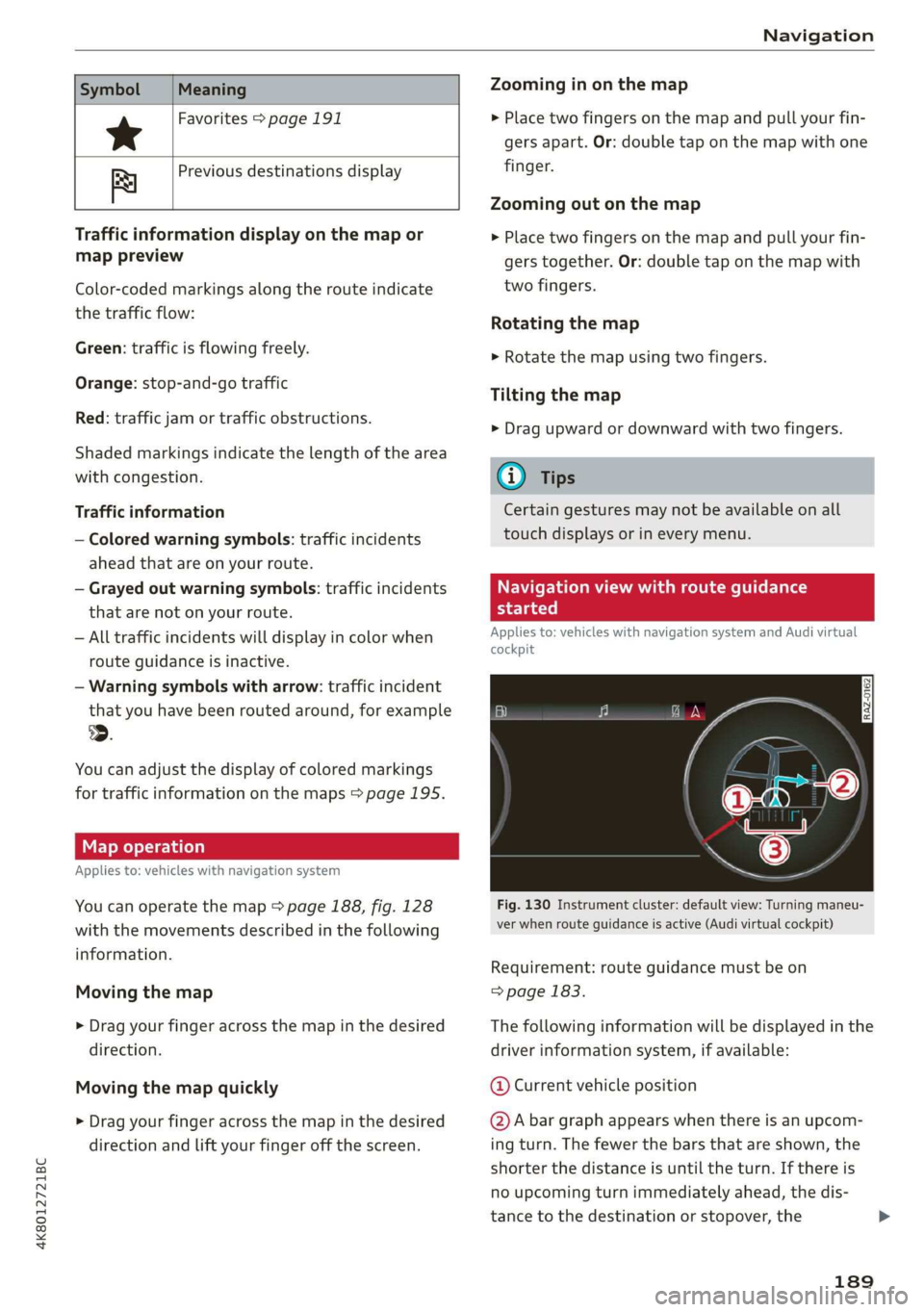 AUDI A7 2020 Owners Manual 4K8012721BC
Navigation
Symbol
*
Ba Previous destinations display
Meaning
Favorites > page 191
Traffic information display on the map or
map preview
Color-coded markings a AUDI A7 2020 Owners Manual 4K8012721BC
Navigation
Symbol
*
Ba Previous destinations display
Meaning
Favorites > page 191
Traffic information display on the map or
map preview
Color-coded markings a