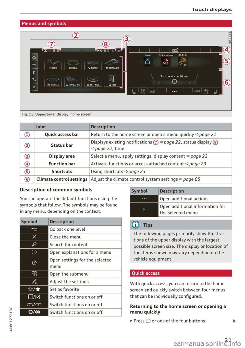 AUDI A7 2020 Owners Manual 4K8012721BC 
Touch displays 
  
Menus and symbols 
  
  
) 
rn eS cd 
COU SETTINGS 
F 
& 
ny 
  
i 
ee 
Prd Ceres eee) 
crt 
Telos 
  
Fig. 15 Upper/lower display: home screen 
  
Label Description 
 