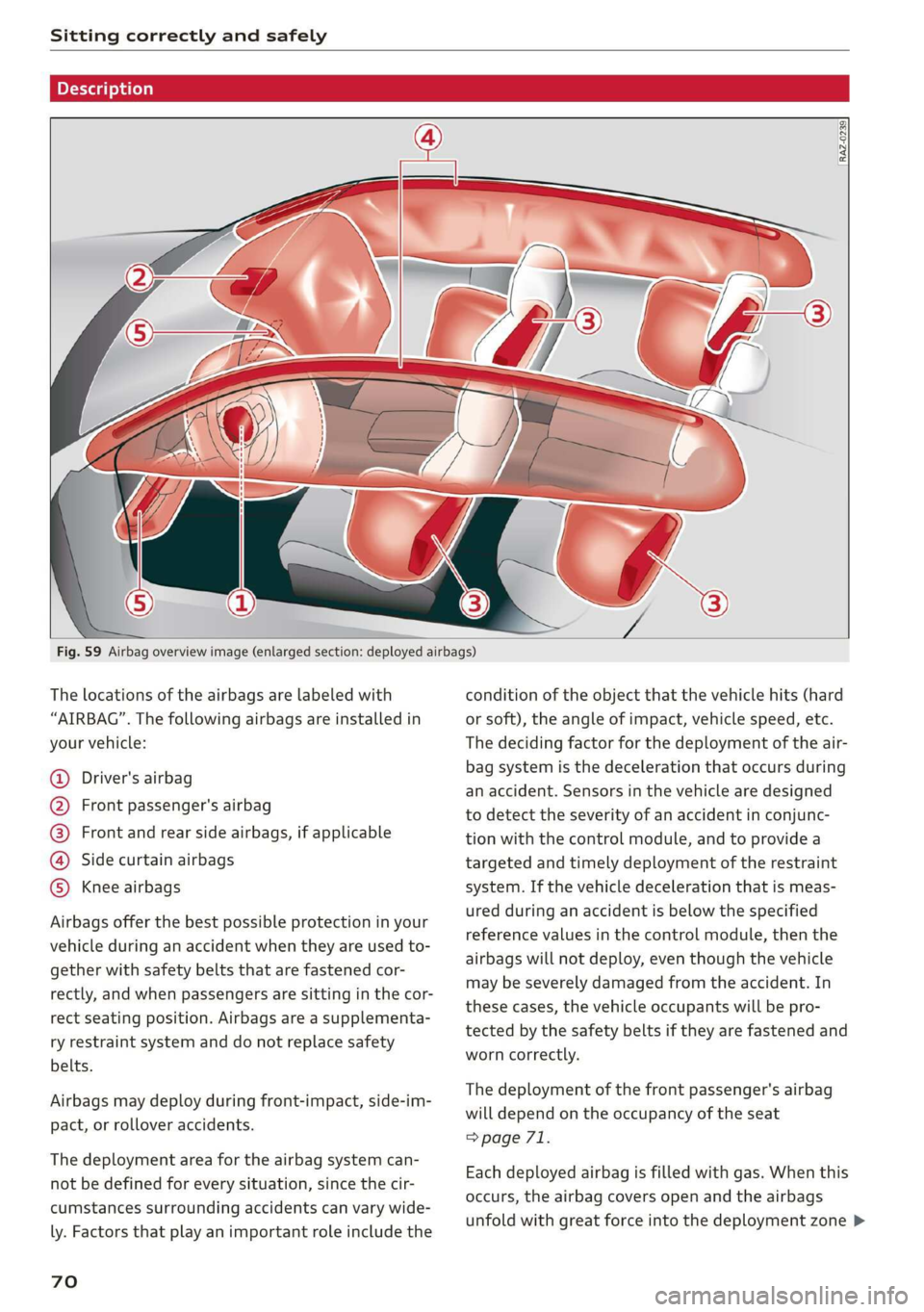 AUDI A7 2020 Manual PDF Sitting correctly and safely
Description
RAZ-0239
Fig. 59 Airbag overview image (enlarged section: deployed airbags)
The locations of the airbags are labeled with
“AIRBAG AUDI A7 2020 Manual PDF Sitting correctly and safely
Description
RAZ-0239
Fig. 59 Airbag overview image (enlarged section: deployed airbags)
The locations of the airbags are labeled with
“AIRBAG