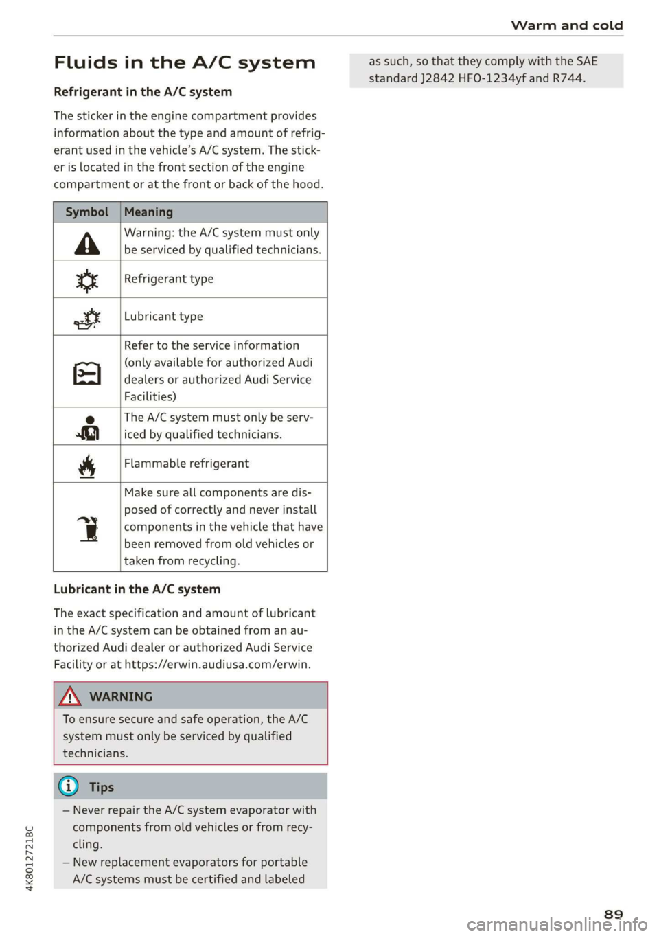 AUDI A7 2020  Owners Manual 4K8012721BC 
Warm and cold 
  
Fluids in the A/C system 
Refrigerant in the A/C system 
The sticker in the engine compartment provides 
information about the type and amount of refrig- 
erant used in 