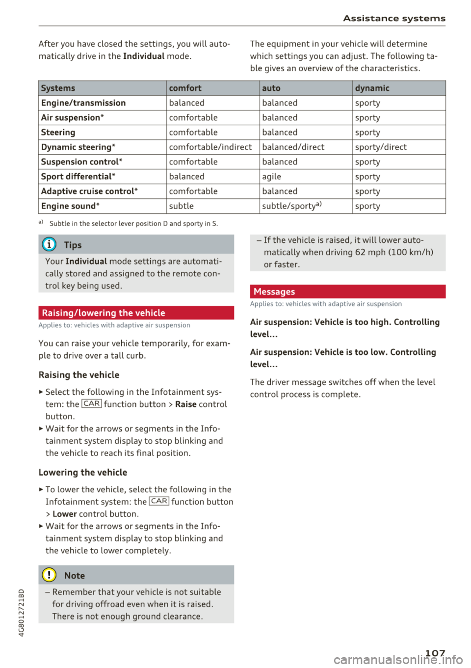 AUDI A7 2018 Owners Guide a co .... N 
" N .... 0  00 \.J <t 
After you  have  closed  the  settings, you  will a uto ­
matica lly drive  in the 
Ind ividual mode . 
Systems  comfort 
Engine/transmission 
ba lanced 
Air  sus