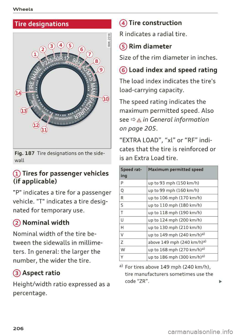 AUDI A7 2018 Owners Manual Wheels
Tire designations
Fig. 187 Tire designations on the sideÂ
wall
(D Tires for passenger vehicles
(if applicable)
"P" indicates a tire for a passenger
vehicle. "T" indicates a AUDI A7 2018 Owners Manual Wheels
Tire designations
Fig. 187 Tire designations on the sideÂ
wall
(D Tires for passenger vehicles
(if applicable)
"P" indicates a tire for a passenger
vehicle. "T" indicates a