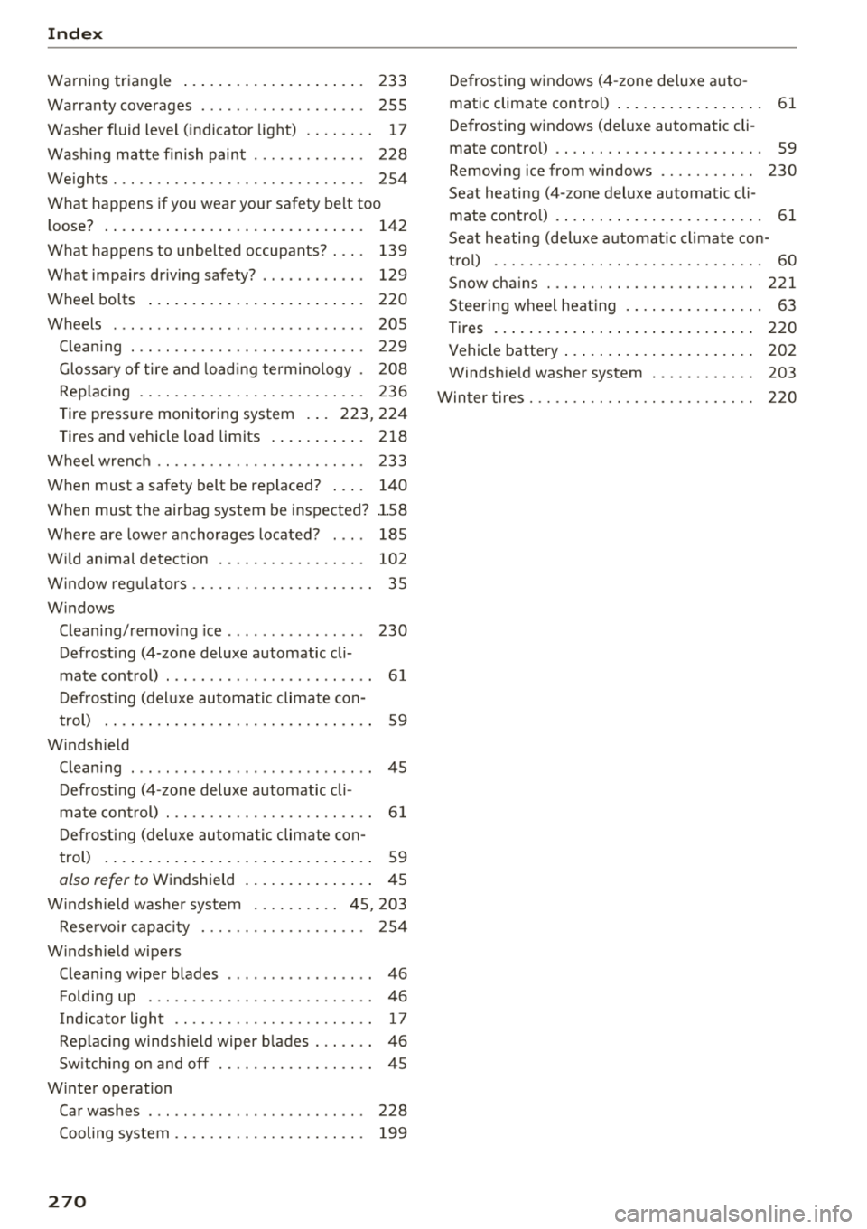 AUDI A7 2018  Owners Manual Index 
Warning  triangle  233 
Warranty  coverages  . . . . . . . . . . . . . . . . . .  .  255 
Washer  fluid  level  (indic ator  light)  . . . .  . .  . .  17 
Was hing  ma tte  finish  pain t . . 
