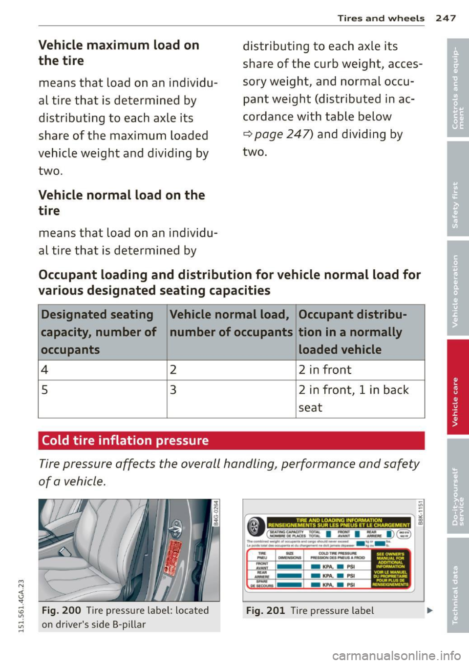 AUDI A7 2015  Owners Manual M N <( I.J "". 
Vehicle  maximum  load  on the  tire 
means  that  load  on an  individu­
al tire  that  is determined  by 
distributing  to  each axle  its 
share  of  the  maximum  loaded 
vehicle 