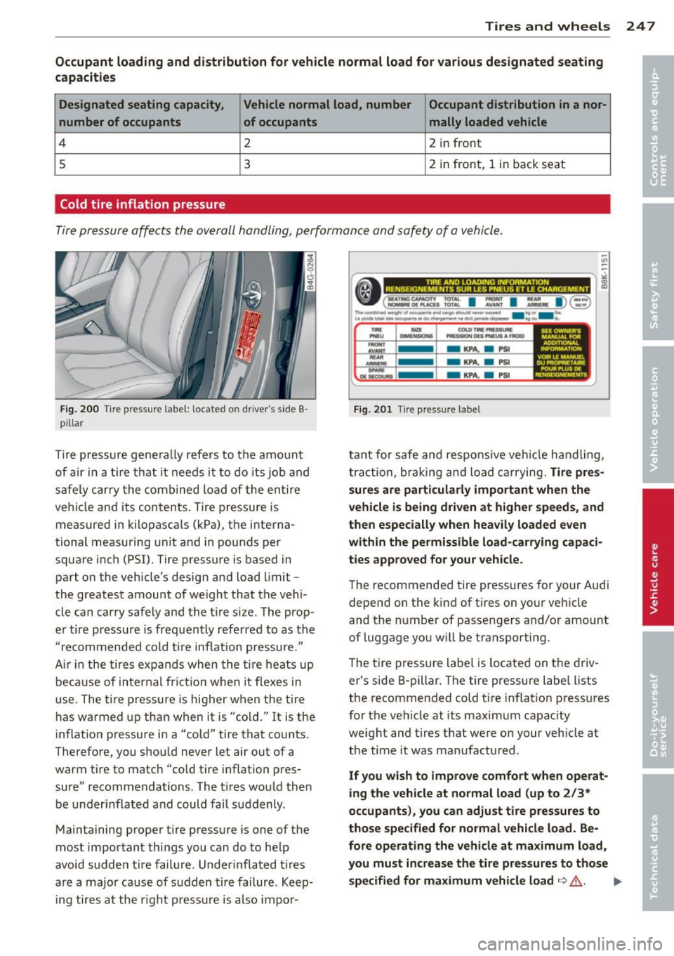 AUDI S7 2014 Owners Manual Tires and wheels 247
Occupant loading and distribution for vehicle normal load fo r various d esignated seat ing
capaci tie s
Designated seating capacity , Vehicle normal load , num AUDI S7 2014 Owners Manual Tires and wheels 247
Occupant loading and distribution for vehicle normal load fo r various d esignated seat ing
capaci tie s
Designated seating capacity , Vehicle normal load , num