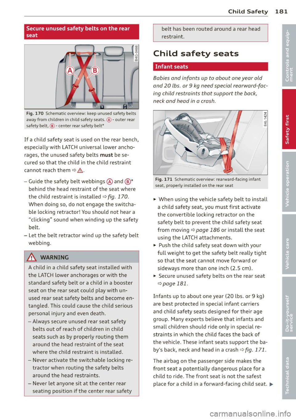 AUDI A7 2013 Owners Manual Secure unused safety belts on the rear
seat
F ig. 170 Schematic overview: keep unused safety belts
away from chi ldren in child safety seats. @-outer rear
safety belt,
@-center re AUDI A7 2013 Owners Manual Secure unused safety belts on the rear
seat
F ig. 170 Schematic overview: keep unused safety belts
away from chi ldren in child safety seats. @-outer rear
safety belt,
@-center re