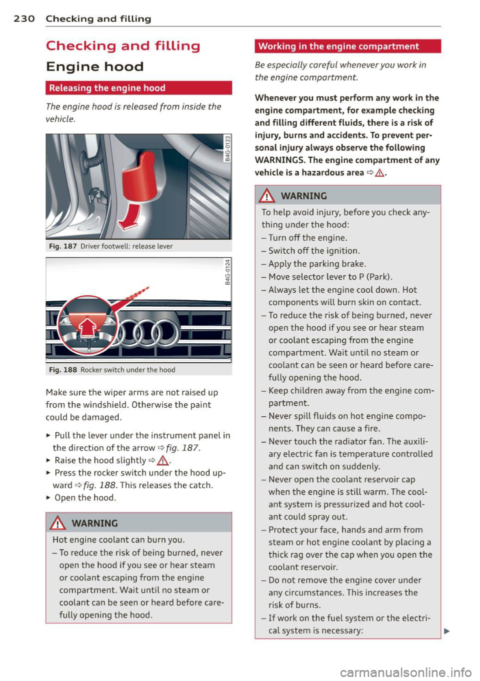 AUDI A7 2013  Owners Manual 230  Checking  and  filling 
Checking  and  filling Engine  hood 
Releasing the  engine  hood 
The engine  hood  is released  from  inside  the 
vehicle . 
Fig. 187 Driver foo twell:  release  lever 
