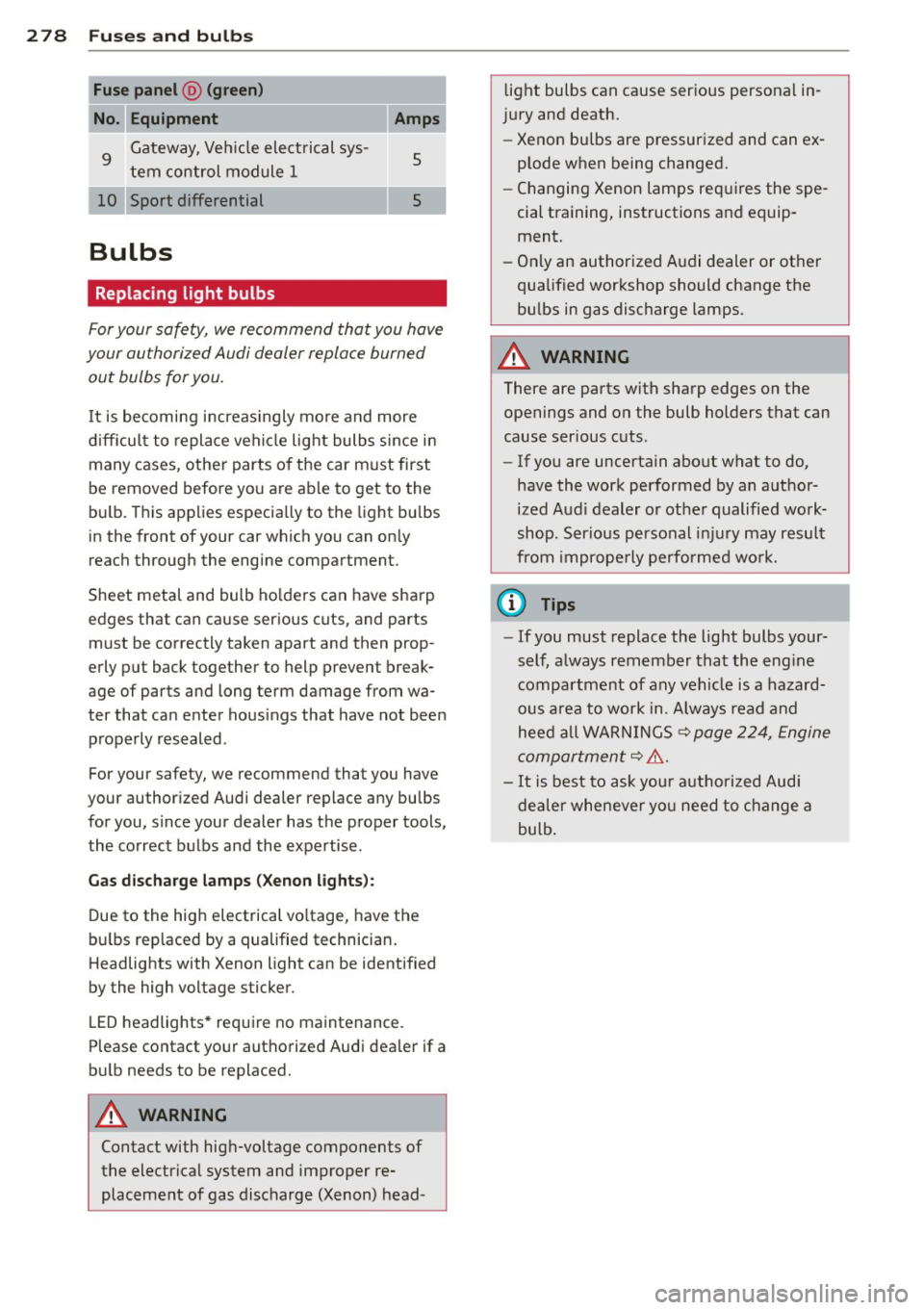 AUDI S7 2013 Owners Manual 2 78 Fuses and bulb s
Fuse panel @ (green)
Equipment
9 Gateway,
Vehicle electrical sys
tem control module 1
10 Sport differential
Bulbs
Replacing light bulbs Amps
5
5
For your AUDI S7 2013 Owners Manual 2 78 Fuses and bulb s
Fuse panel @ (green)
Equipment
9 Gateway,
Vehicle electrical sys
tem control module 1
10 Sport differential
Bulbs
Replacing light bulbs Amps
5
5
For your