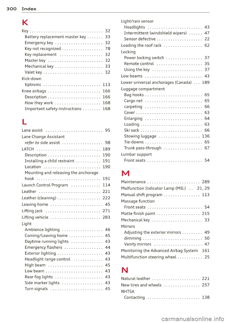 AUDI S7 2013  Owners Manual 300  Index 
K 
Key ... . ... ....... ......... ... .... ..  32 
Battery  replacement  master  key  ... .. ..  33 
Emergency key  .............. ..... ..  32 
Key not  recognized  . . . . . . . . . . .