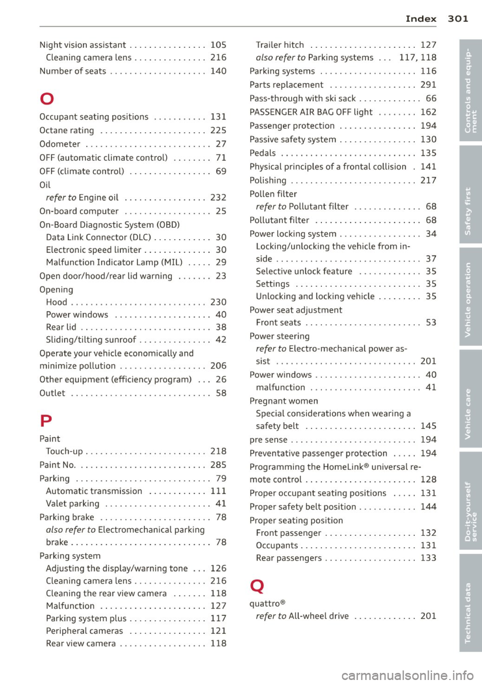AUDI S7 2013 Owners Manual Night vision assistant .... ... .. .. .. .. . 105
C leaning camera lens ... ... .. .. .. .. . 2 16
Number of seats ........... .... .. ... 1 40
0
Occupa nt seating pos it ions .. .. AUDI S7 2013 Owners Manual Night vision assistant .... ... .. .. .. .. . 105
C leaning camera lens ... ... .. .. .. .. . 2 16
Number of seats ........... .... .. ... 1 40
0
Occupa nt seating pos it ions .. ..
