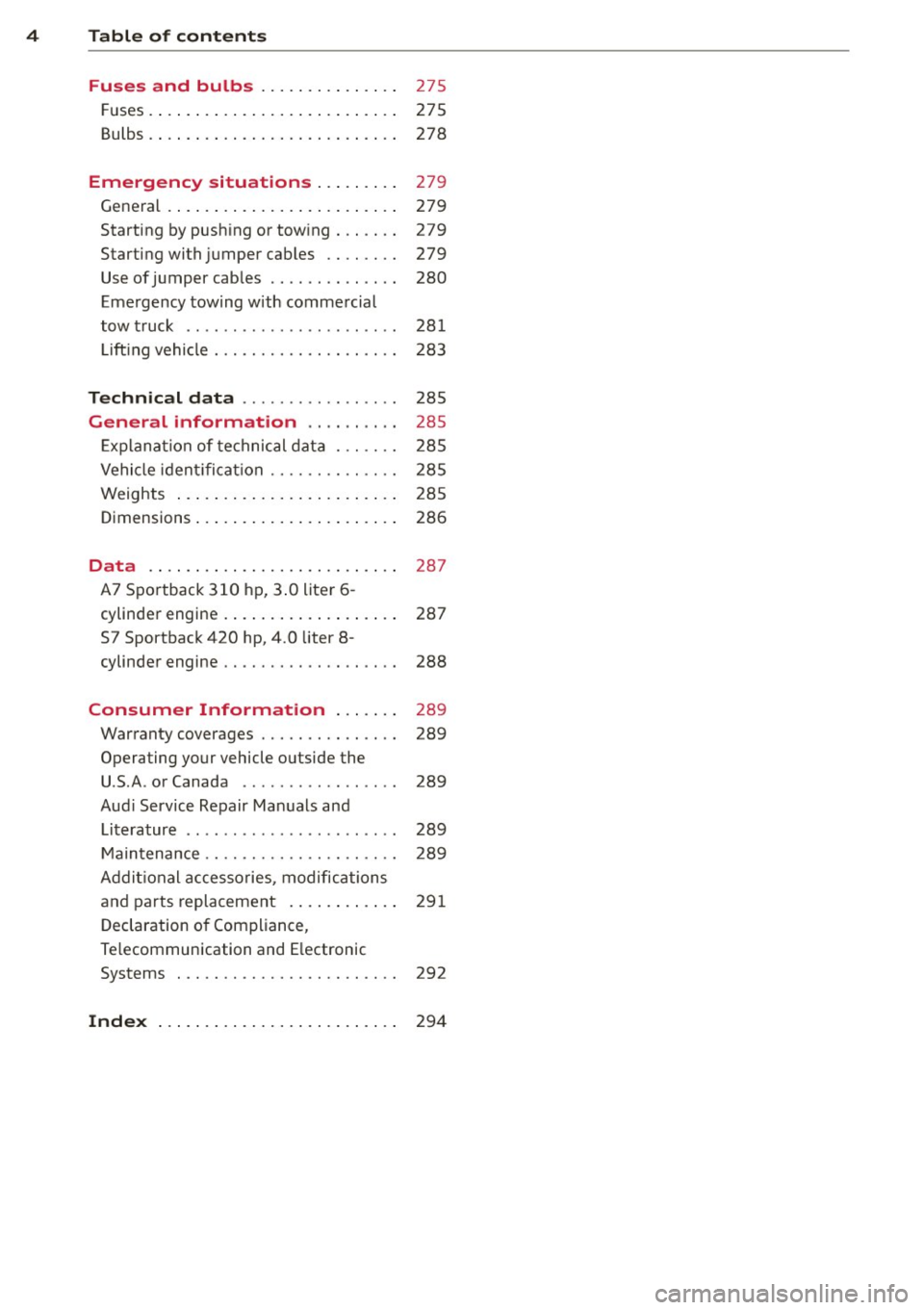 AUDI S7 2013 Owners Manual 4 Table of contents
Fuses and bulbs ....... .. .. ... .
Fuses . ..... ... . ...... ... .. .. ... .
Bulbs . ... .. ... ... .... ... .. .. ... .
Emergency situations ... .. ... .
General AUDI S7 2013 Owners Manual 4 Table of contents
Fuses and bulbs ....... .. .. ... .
Fuses . ..... ... . ...... ... .. .. ... .
Bulbs . ... .. ... ... .... ... .. .. ... .
Emergency situations ... .. ... .
General