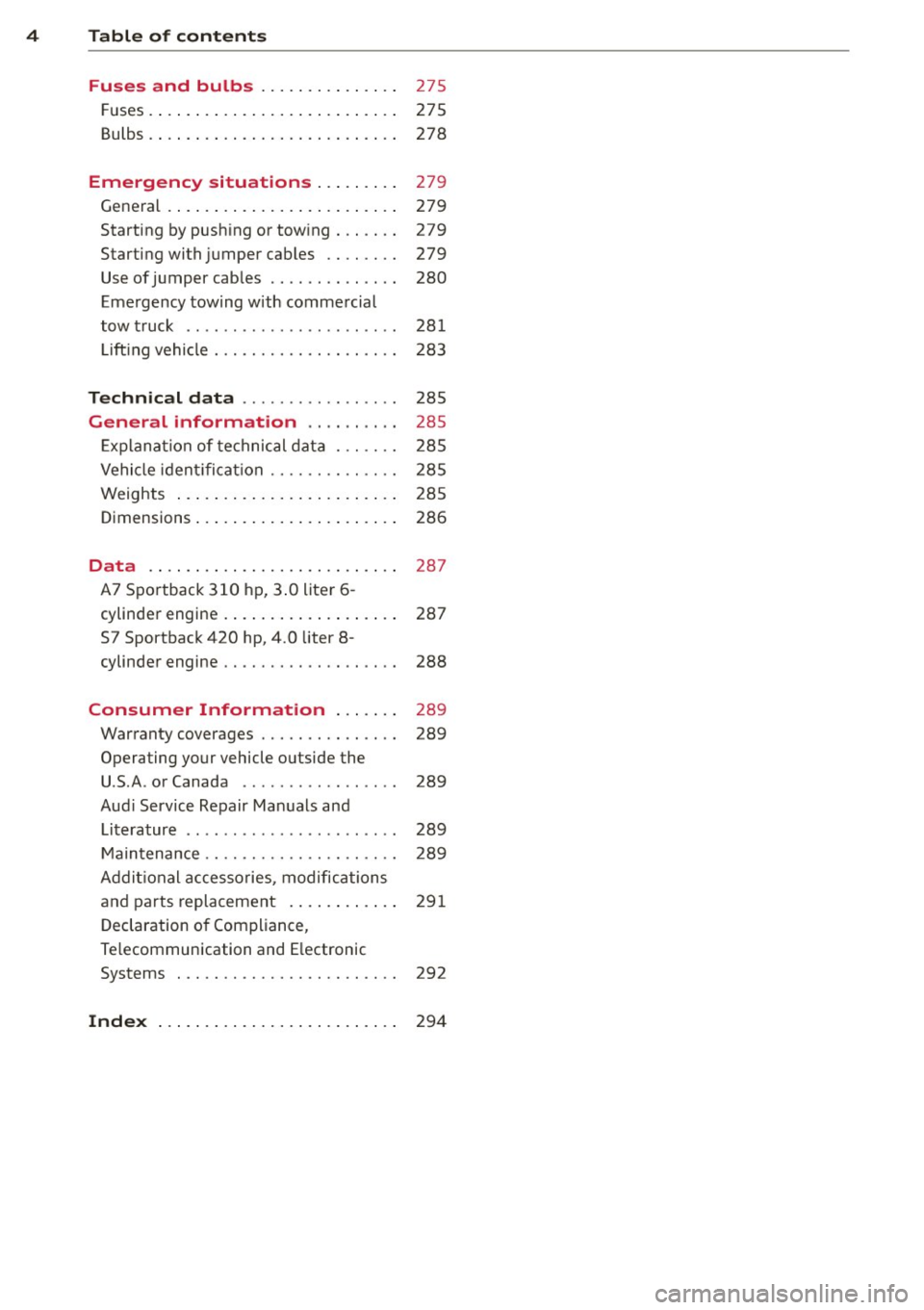 AUDI S7 2013  Owners Manual 4  Table  of  contents 
Fuses  and  bulbs  ....... .. .. ...  . 
Fuses . ..... ... . ...... ... .. .. ...  . 
Bulbs  . ... .. ... ... .... ... .. .. ... . 
Emergency  situations  ... .. ... . 
General