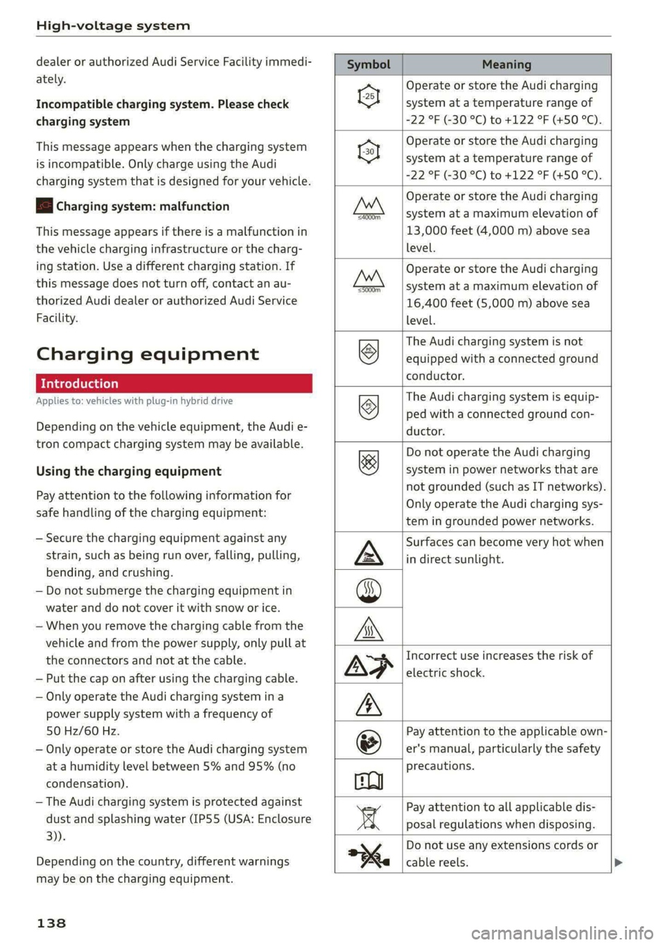 AUDI A8 2021 Service Manual High-voltage system
dealer or authorized Audi Service Facility immedi-
ately.
Incompatible charging system. Please check
charging system
This message appears when the charging system
is incom AUDI A8 2021 Service Manual High-voltage system
dealer or authorized Audi Service Facility immedi-
ately.
Incompatible charging system. Please check
charging system
This message appears when the charging system
is incom