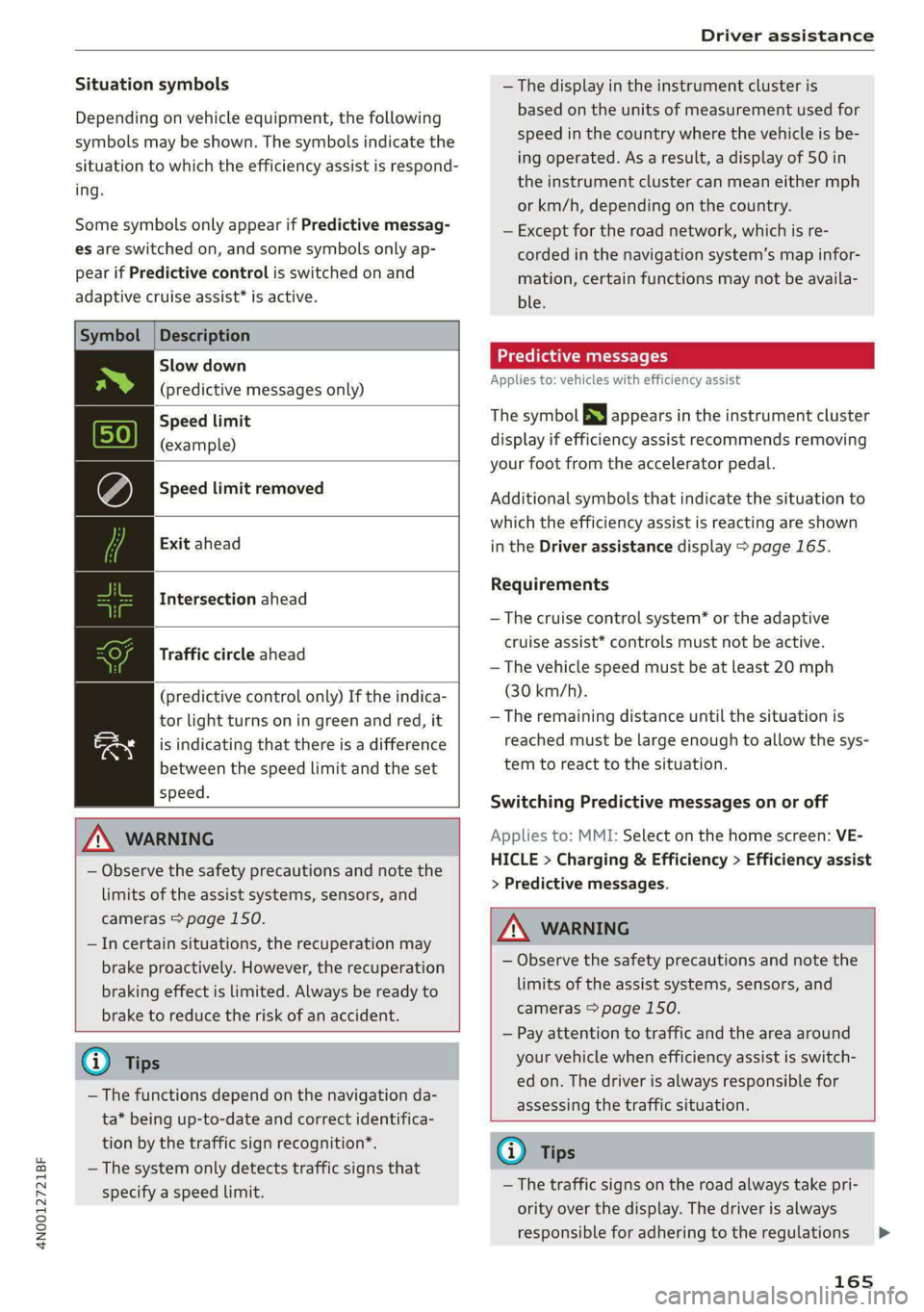 AUDI A8 2021 Owners Guide 4N0012721BF
Driver assistance
Situation symbols
Depending on vehicle equipment, the following
symbols may be shown. The symbols indicate the
situation to which the efficiency assist is respond AUDI A8 2021 Owners Guide 4N0012721BF
Driver assistance
Situation symbols
Depending on vehicle equipment, the following
symbols may be shown. The symbols indicate the
situation to which the efficiency assist is respond