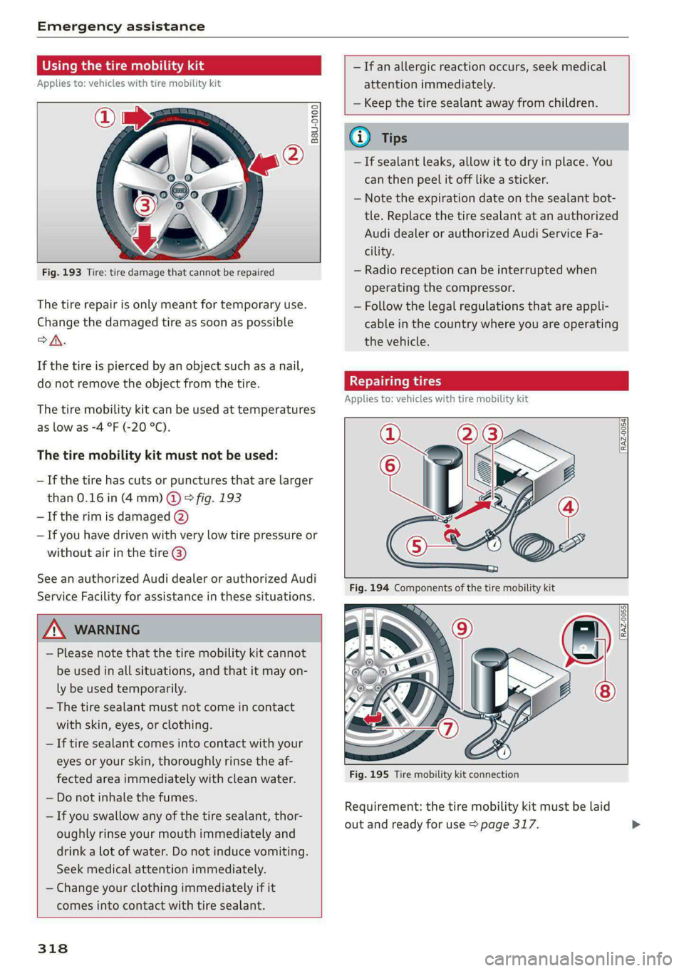 AUDI A8 2021 Workshop Manual Emergency assistance
Using the ti
Applies to: vehicles with tire mobility kit
B8U-0100
Fig. 193 Tire: tire damage that cannot be repaired
The tire repair is only meant for tem AUDI A8 2021 Workshop Manual Emergency assistance
Using the ti
Applies to: vehicles with tire mobility kit
B8U-0100
Fig. 193 Tire: tire damage that cannot be repaired
The tire repair is only meant for tem