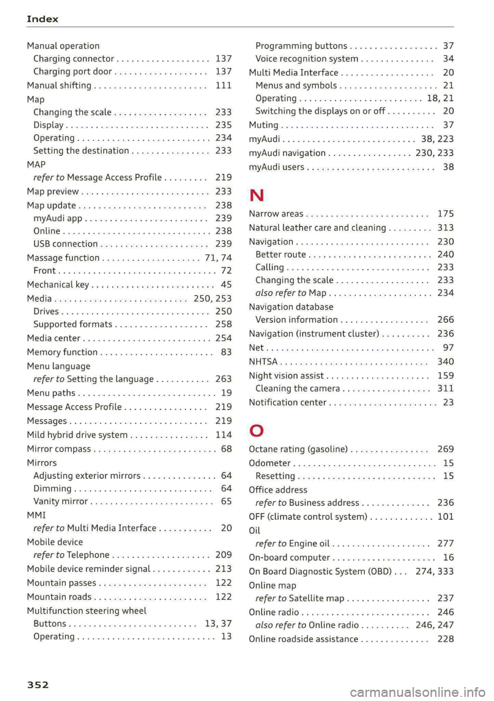 AUDI A8 2021 Owners Manual Index
Manual operation
Charging connector...........--.e eee 137
Charging port door wie: « s sees x « eee ges 137
Manual shifting................0.-000- 111
Map
Changing the scale....... AUDI A8 2021 Owners Manual Index
Manual operation
Charging connector...........--.e eee 137
Charging port door wie: « s sees x « eee ges 137
Manual shifting................0.-000- 111
Map
Changing the scale.......