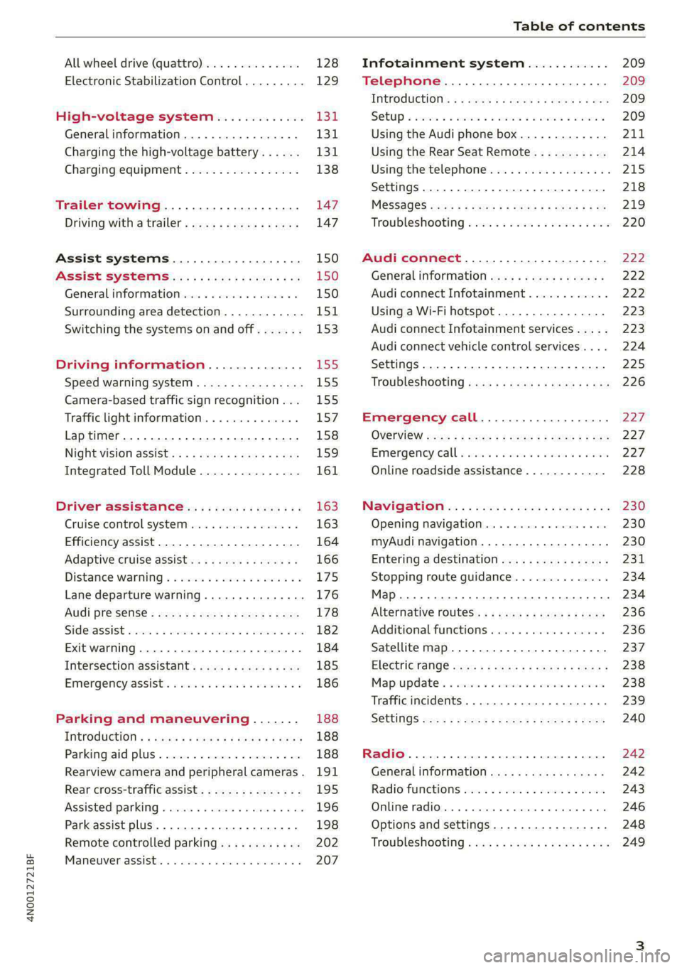 AUDI A8 2021  Owners Manual 4N0012721BF 
Table of contents 
  
All wheel drive (quattro).............. 128 
Electronic Stabilization Control......... 129 
High-voltage system............. I31 
Generalinformation.................