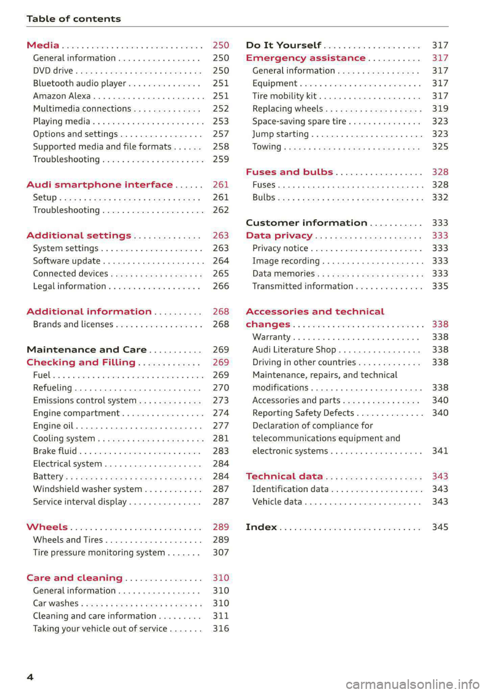 AUDI A8 2021 Owners Manual Table of contents
Co | fan a 250
General information................. 250
DVD: drive « swe s 2 awe 2 ewes 2 ewe see 250
Bluetooth audio player............... 251
Amazon Alexa.... 2.0.0. cece AUDI A8 2021 Owners Manual Table of contents
Co | fan a 250
General information................. 250
DVD: drive « swe s 2 awe 2 ewes 2 ewe see 250
Bluetooth audio player............... 251
Amazon Alexa.... 2.0.0. cece