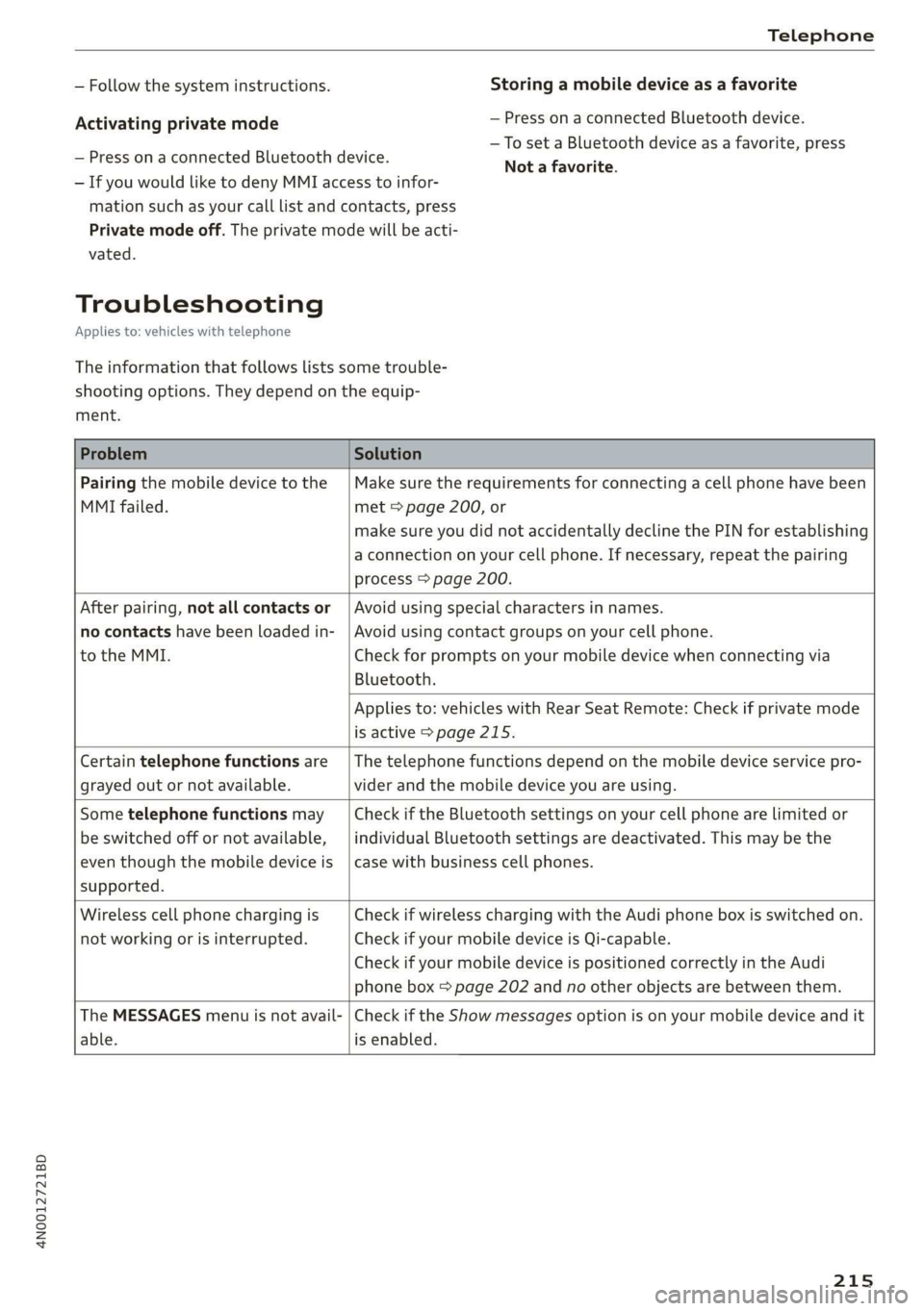 AUDI A8 2020 Owners Manual 4N0012721BD
Telephone
— Follow the system instructions.
Activating private mode
— Press on a connected Bluetooth device.
— If you would like to deny MMI access to infor-
mation such as AUDI A8 2020 Owners Manual 4N0012721BD
Telephone
— Follow the system instructions.
Activating private mode
— Press on a connected Bluetooth device.
— If you would like to deny MMI access to infor-
mation such as