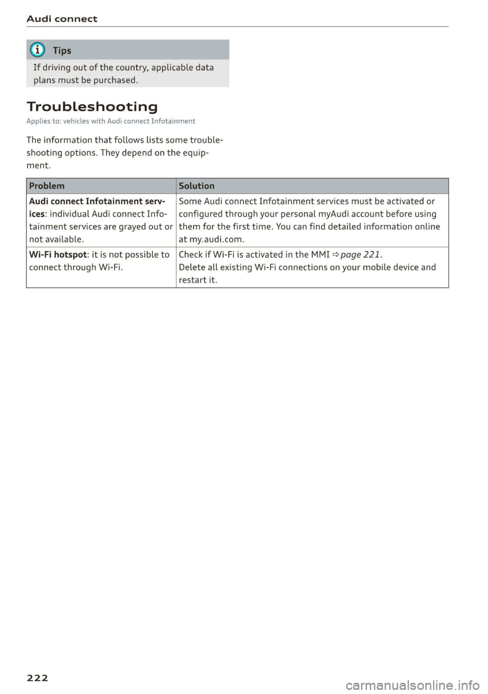 AUDI A8 2020 User Guide Audi connect
If driving out of the country, applicable data
plans must be purchased.
Troubleshooting
Applies to: vehicles with Audi connect Infotainment
The information that follows lists som AUDI A8 2020 User Guide Audi connect
If driving out of the country, applicable data
plans must be purchased.
Troubleshooting
Applies to: vehicles with Audi connect Infotainment
The information that follows lists som