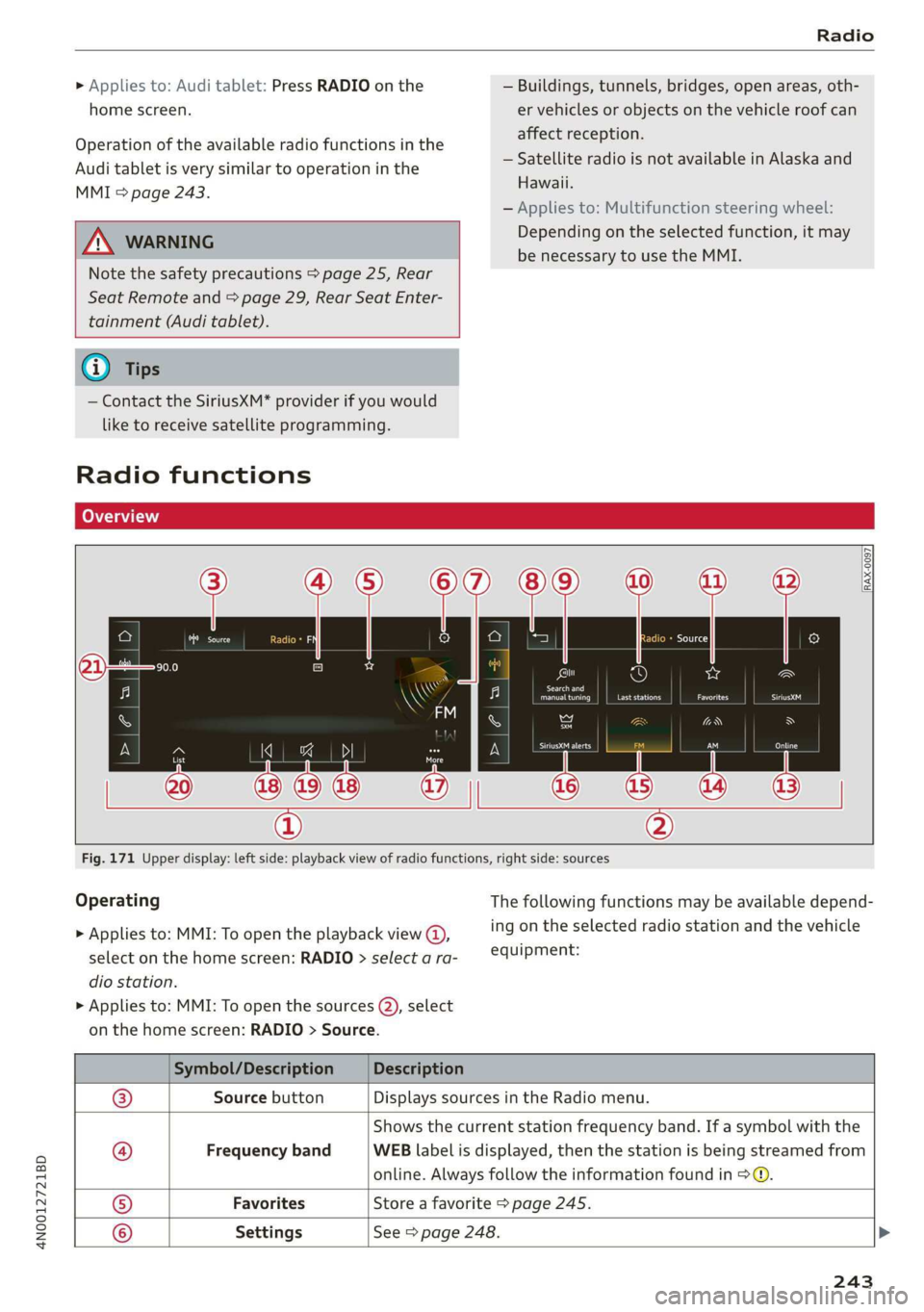 AUDI A8 2020 Owners Manual 4N0012721BD
Radio
» Applies to: Audi tablet: Press RADIO on the — Buildings, tunnels, bridges, open areas, oth-
home screen. er vehicles or objects on the vehicle roof can
affect reception. AUDI A8 2020 Owners Manual 4N0012721BD
Radio
» Applies to: Audi tablet: Press RADIO on the — Buildings, tunnels, bridges, open areas, oth-
home screen. er vehicles or objects on the vehicle roof can
affect reception.