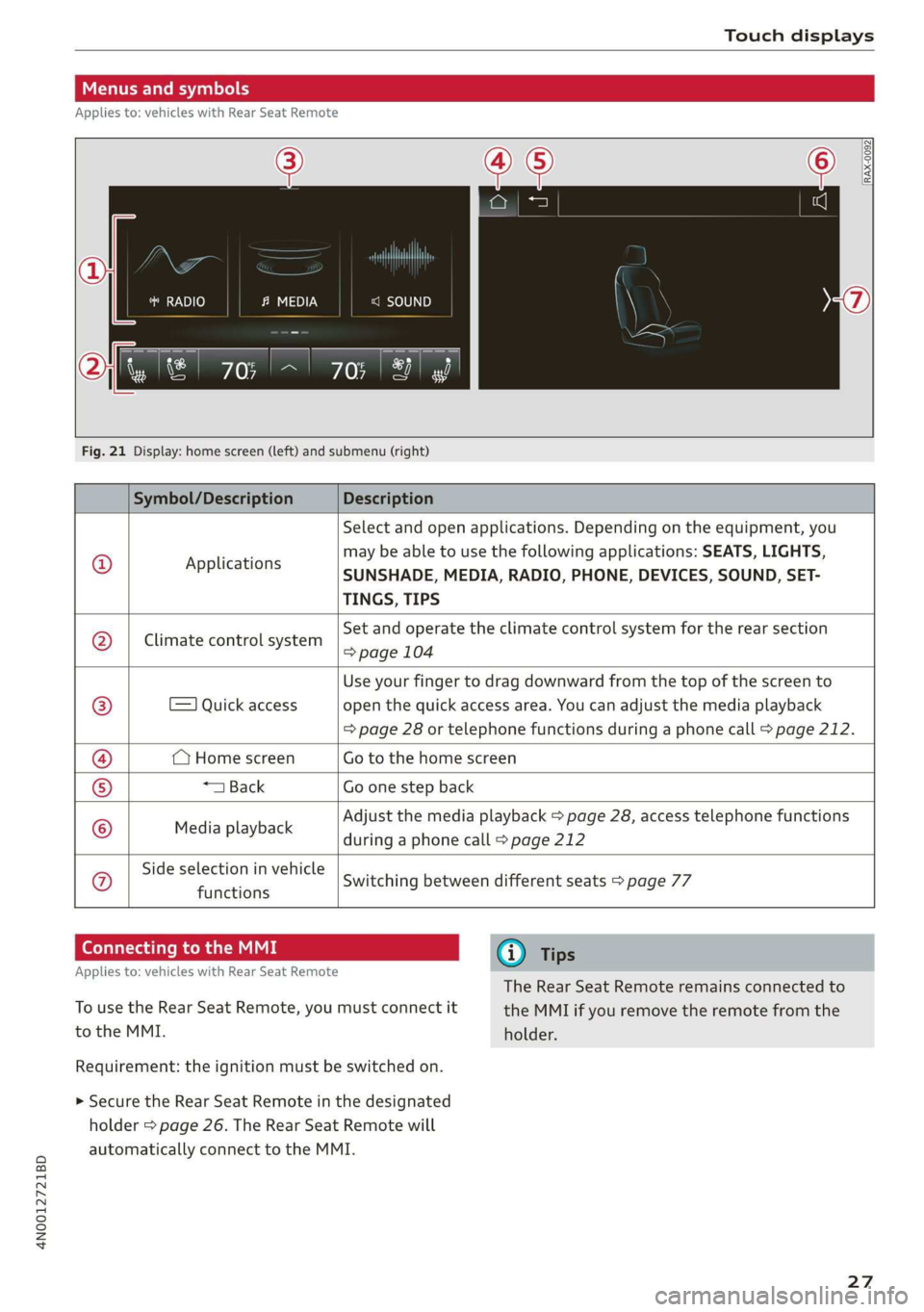 AUDI A8 2020  Owners Manual 4N0012721BD 
Touch displays 
  
Menus and symbols 
Applies to: vehicles with Rear  Seat Remote 
  
RADIO c=) 
  
  
RAX-0092 
Smet) (7) 
  
Fig. 21 Display: home screen (left) and submenu (right) 
  
