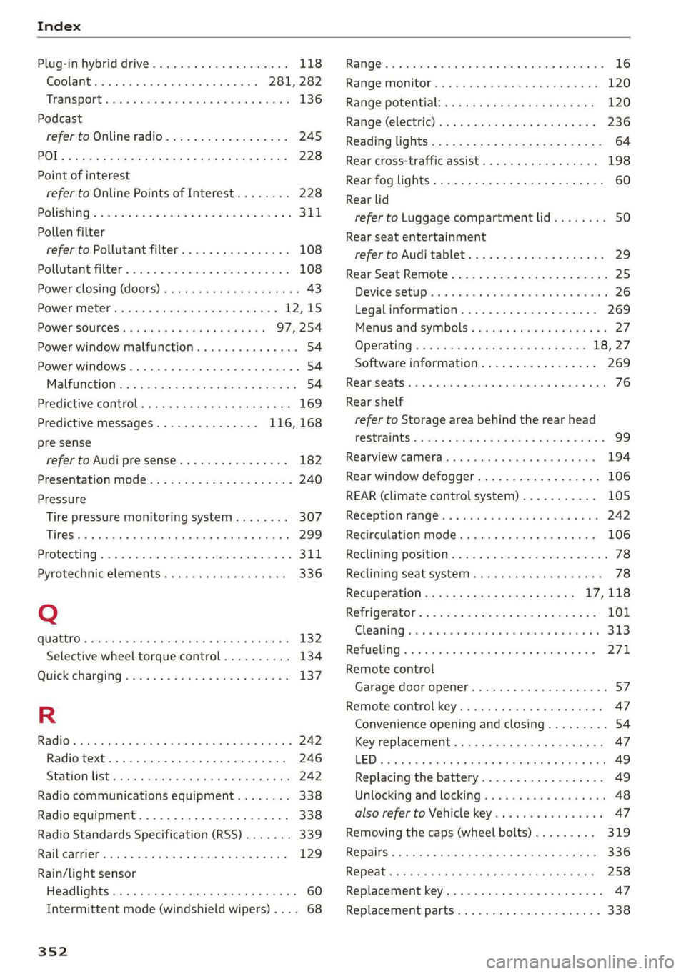 AUDI A8 2020  Owners Manual Index 
  
Plug-in hybrid drive..................-. 118 
Coolant......... 0. cece eee eee 281, 282 
NCANSPOFt ese + ween xo mows &  & eeeD se co 136 
Podcast 
refer to Online radio.................. 24