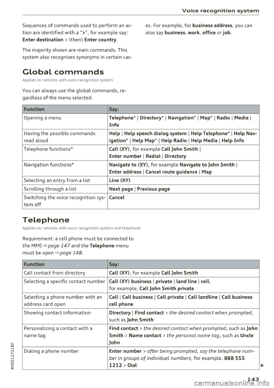 AUDI A8 2018 Owners Manual u. co .... N
" N .... 0 0 :c <t
Voice recognition system
Sequences of commands used to perform an ac
tion are identified with
a" >", for examp le say: es
. Fo r examp le, for
bus AUDI A8 2018 Owners Manual u. co .... N
" N .... 0 0 :c <t
Voice recognition system
Sequences of commands used to perform an ac
tion are identified with
a" >", for examp le say: es
. Fo r examp le, for
bus