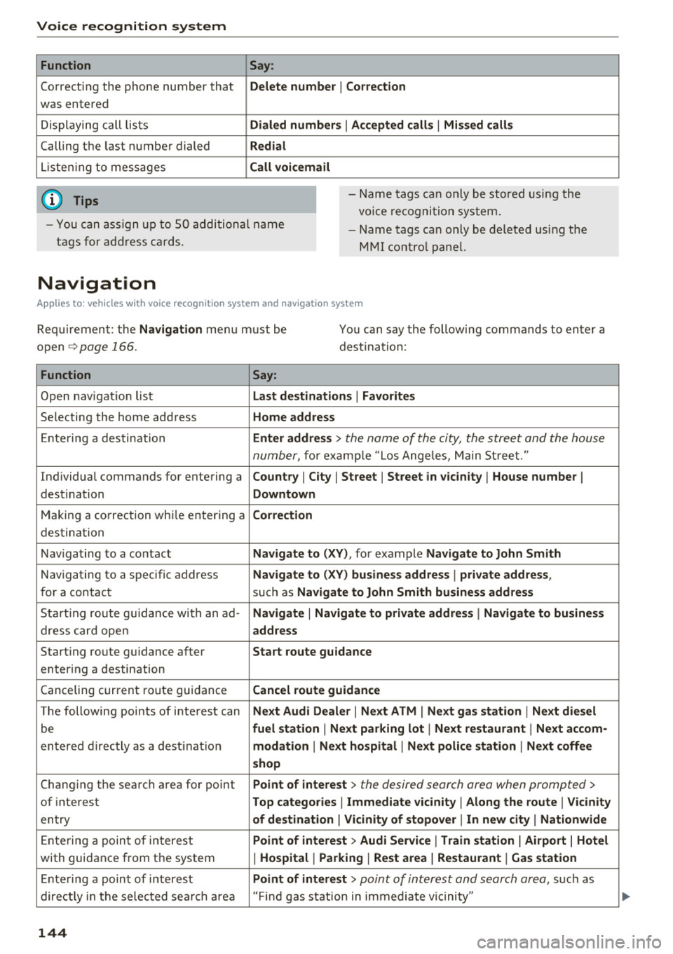 AUDI A8 2018 Owners Manual Voice recognition system Function
Correcting the phone number that
was entered
Displaying call lists
Calling the last number dialed
Listening to messages
(D Tips Say
:
Delete nu AUDI A8 2018 Owners Manual Voice recognition system Function
Correcting the phone number that
was entered
Displaying call lists
Calling the last number dialed
Listening to messages
(D Tips Say
:
Delete nu