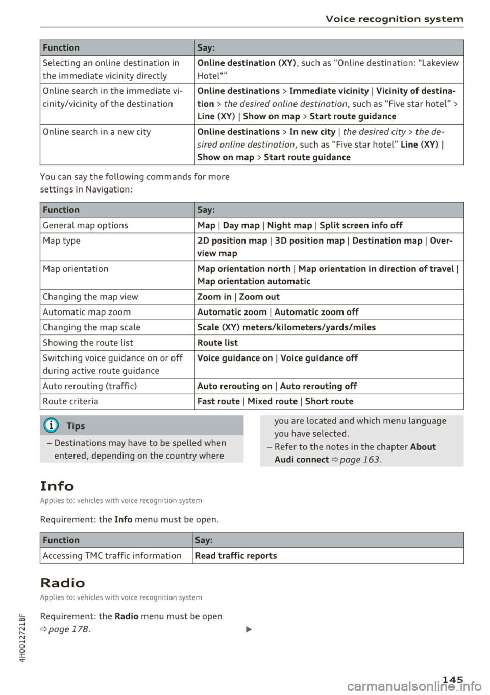 AUDI A8 2018 Owners Manual u. co .... N
" N .... 0 0 :c <t
Voice recognition system
Function Say:
Selecting an online destination in Online destination (XV) , such as "Online destination: "Lakeview
the immediate AUDI A8 2018 Owners Manual u. co .... N
" N .... 0 0 :c <t
Voice recognition system
Function Say:
Selecting an online destination in Online destination (XV) , such as "Online destination: "Lakeview
the immediate