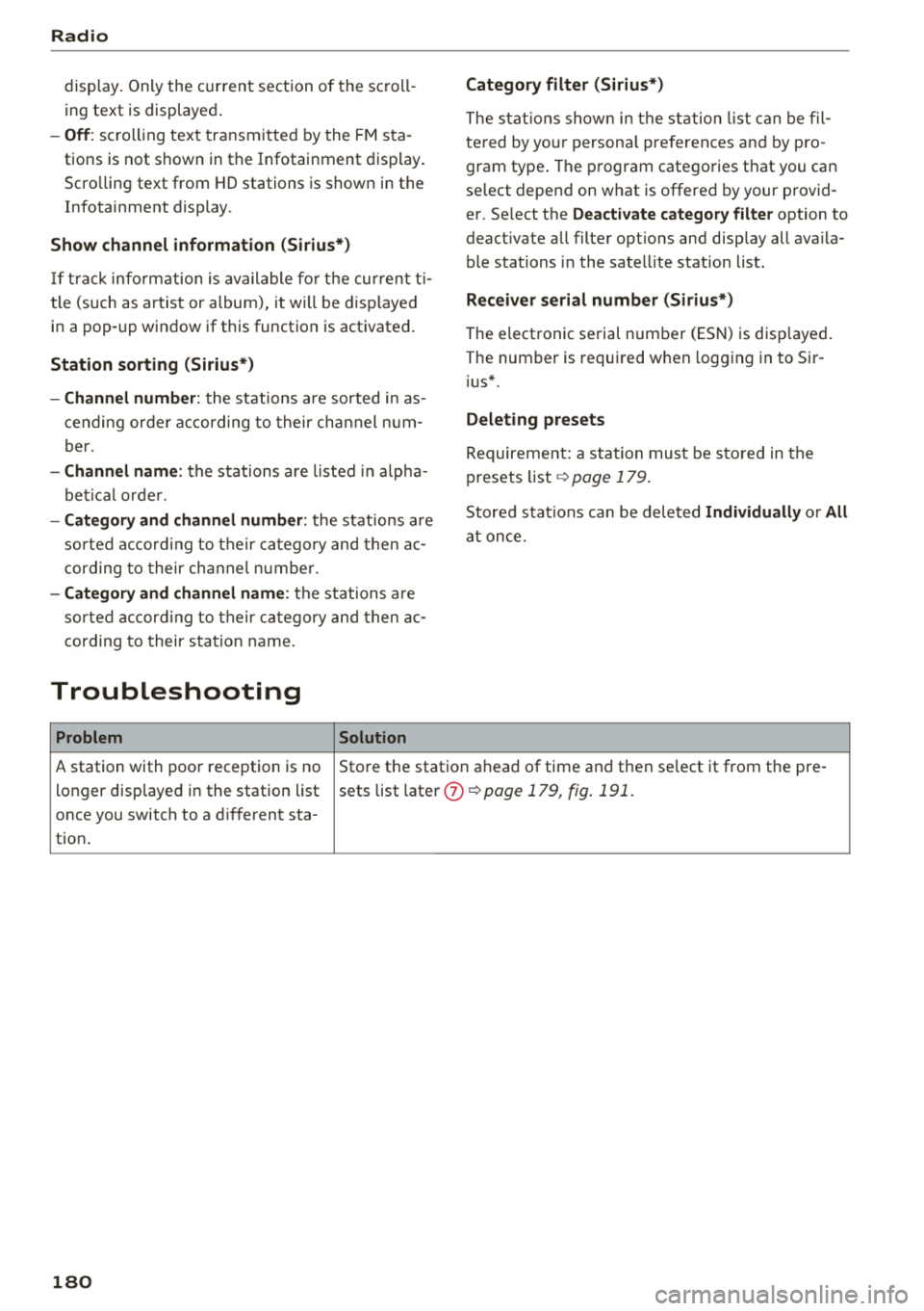 AUDI A8 2018  Owners Manual Radio 
display.  Only the  curren t sec tion  of  the  sc roll ­
ing  text  is displayed . 
-Off : scr oll ing  text  tra nsmi tte d  b y the  F M sta ­
tions  is  not  shown  in the  Infotainment  