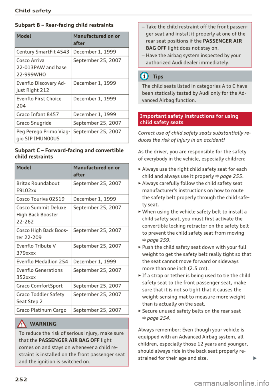 AUDI A8 2018  Owners Manual Child safety 
Subpart  B - Rear-facing  child restraints 
Model  Manufactured on or  
after 
Century  SmartFit  4543 December  1, 1999 
Cosco  Arriva  September  2S,  2007 
22-013PAW  and  base 
22-99