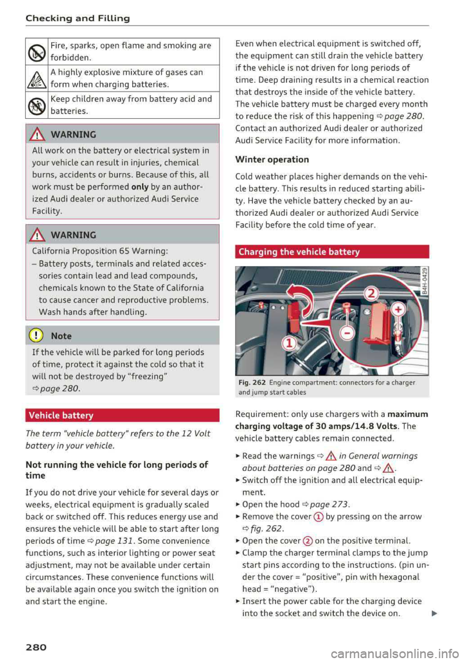 AUDI A8 2018  Owners Manual Checking  and  Filling 
@ 
Fire,  sparks,  open  flame  and  smok ing  are 
forb idden. 
~ 
A highly  explosive  mixture  of  gases  can  
form  when  charging  batteries. 
® 
Keep  c hildren  away  