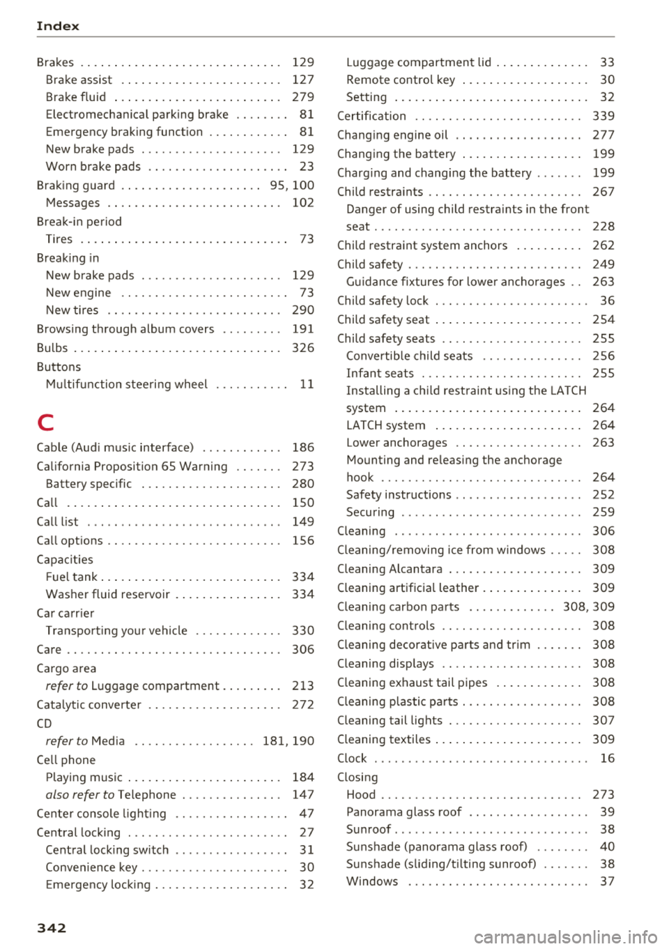 AUDI A8 2018 Owners Manual Index
Brakes Brake assist
Brake fluid
129
127
279
Electromechanical parking brake . . . . . . . . 81
Emergency braking function . . . . . . . . . . . . 81
New brake pads . . . AUDI A8 2018 Owners Manual Index
Brakes Brake assist
Brake fluid
129
127
279
Electromechanical parking brake . . . . . . . . 81
Emergency braking function . . . . . . . . . . . . 81
New brake pads . . .