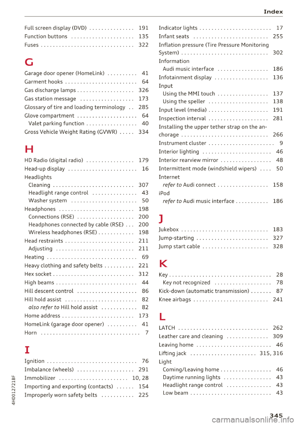 AUDI A8 2018 Owners Manual Full screen disp lay (DVD) . . . . . . . . . . . . . . . 191
Function buttons . . . . . . . . . . . . . . . . . . . . . 135
Fuses . . . . . . . . . . . . . . . . . . . . . . . . . . AUDI A8 2018 Owners Manual Full screen disp lay (DVD) . . . . . . . . . . . . . . . 191
Function buttons . . . . . . . . . . . . . . . . . . . . . 135
Fuses . . . . . . . . . . . . . . . . . . . . . . . . . .