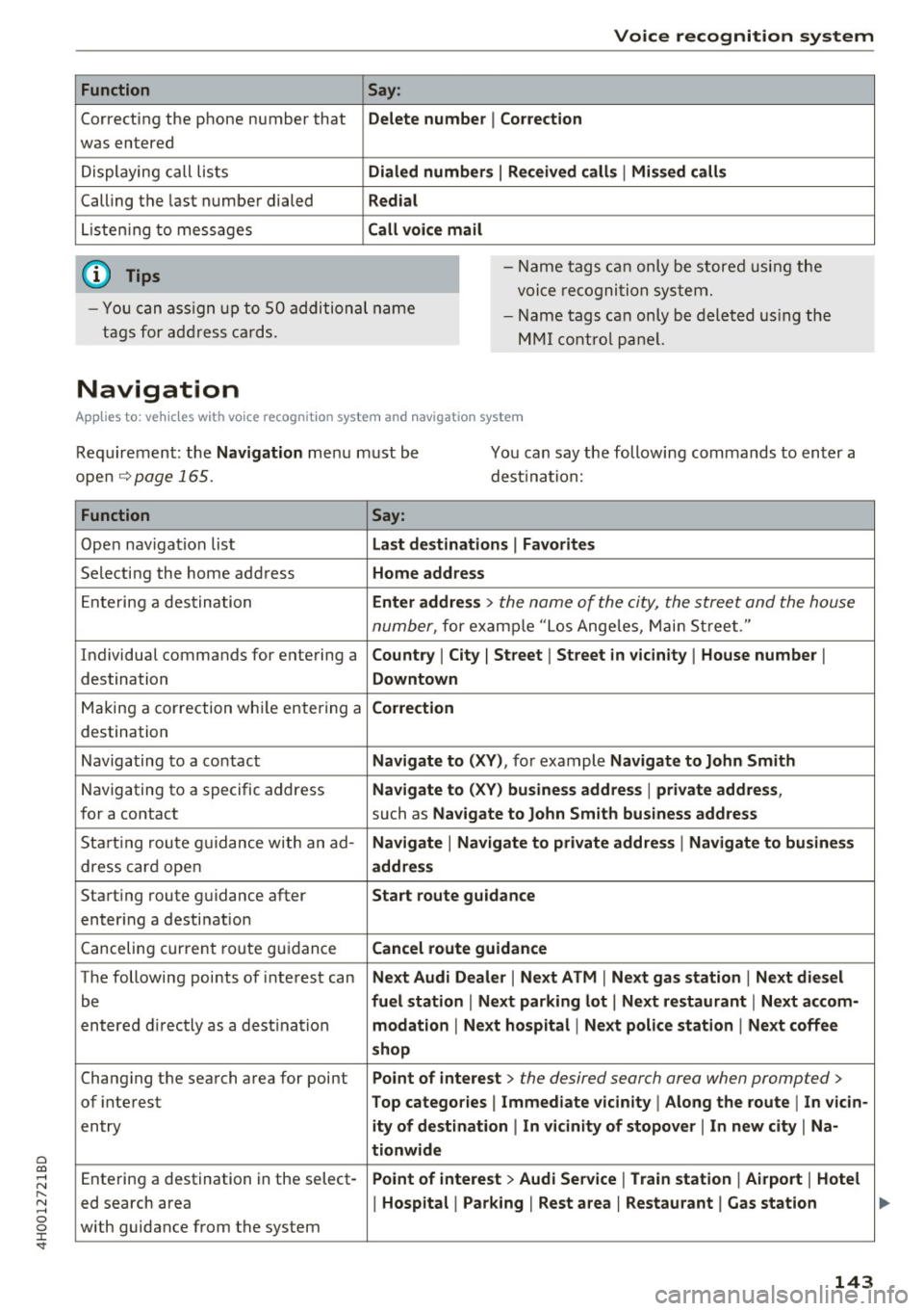 AUDI A8 2017 User Guide 0 co .... N ,..... N .... 0 0 :c <t
Function
Correcting the phone number that
was entered
Displaying call lists
Calling the last number dialed
List ening to messages
(D Tips
Voice AUDI A8 2017 User Guide 0 co .... N ,..... N .... 0 0 :c <t
Function
Correcting the phone number that
was entered
Displaying call lists
Calling the last number dialed
List ening to messages
(D Tips
Voice