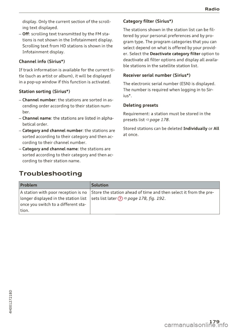 AUDI A8 2017  Owners Manual 0 co .... N ,..... N .... 0 0 :c <t 
display.  Only the  current  section  of  the  scroll­
ing  text  displayed. 
-Off: scrolling  text  transmitted  by  the FM sta­
tions  is  not  shown  in the 