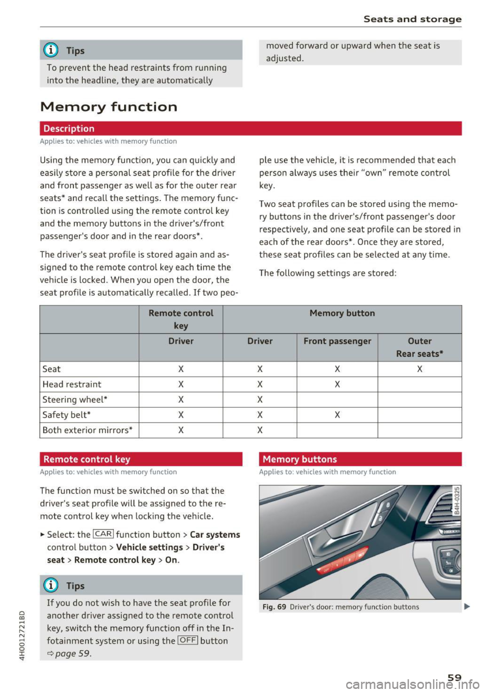 AUDI A8 2017 Repair Manual C) C0 ....
" " " .... 0 0 :r <t
@ Tips
To prevent the head restraints from running into the headline, they are automat ically
Memory function
Description
Appl ies to: vehicles wi AUDI A8 2017 Repair Manual C) C0 ....
" " " .... 0 0 :r <t
@ Tips
To prevent the head restraints from running into the headline, they are automat ically
Memory function
Description
Appl ies to: vehicles wi