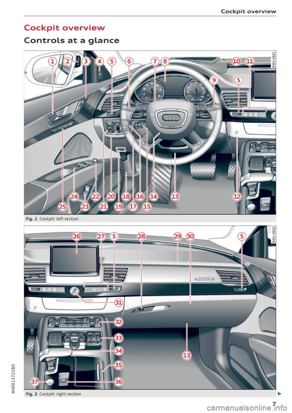AUDI A8 2017  Owners Manual C) C0 .... 
" " " .... 0 0 :r <t 
Cockpit  overview 
Controls  at  a  glance 
Fig.  1 Cockp it :  left  sec tion 
Fig. 2  Cockpit:  righ t sect io n 
Cockpit  overview 
7  