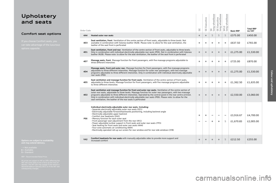 AUDI A8 2011  Owners Manual 
31
SE
SE Executive
SE  
long wheelbase
SE Executive 
long wheelbase
W12  
long wheelbaseBasic RRPTotal RRP
inc V\bT
n n n nS
£979.17 £1,175.\f\f
n n n n-£1,3\b\f.83 £1,585.\f\f
- - - -n£341.67 �