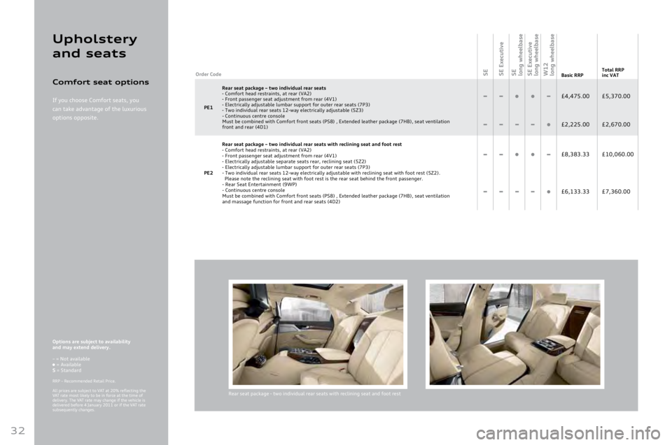 AUDI A8 2011  Owners Manual 
32
Options are subject to availability 
and \fay extend delivery.	
–	=	Not	available	n =	Available	S	=	Standard	
RRP	–	Recommended	Retail	Price.	
All	prices	are	subject	to	VAT	at	\b\f%	reflecting