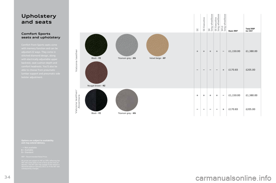 AUDI A8 2011  Owners Manual 
34
Val\fona leather
Val\fona leather/ 
Al\fantara
SE
SE Executive
SE  
long wheelbase
SE Executive 
long wheelbase
W12  
long wheelbaseBasic RRP Total RRP
inc V\bT
n n n n-£1,15\f.\f\f £1,38\f.\f\f