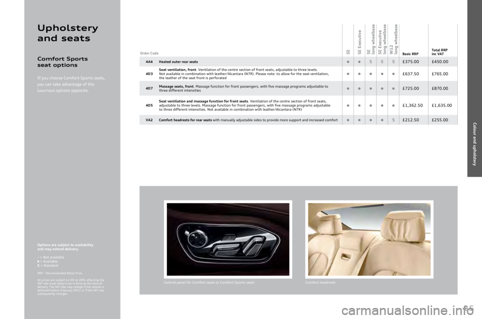 AUDI A8 2011 Owners Manual
35
Options are subject to availability
and \fay extend delivery.
– = Not available n = Available S = Standard
RRP – Recommended Retail Price.
All prices are subject to VAT at \b\f% reflecting AUDI A8 2011 Owners Manual
35
Options are subject to availability
and \fay extend delivery.
– = Not available n = Available S = Standard
RRP – Recommended Retail Price.
All prices are subject to VAT at \b\f% reflecting
