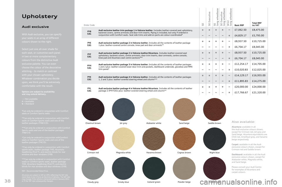 AUDI A8 2011  Owners Manual 
38
Upholster\b
Options are subject to availability 
and \fay extend delivery.	
–	=	Not	available	• =	Available	S	=	Standard	
*Can	only	be	orde

red
	in	conj
 unction
	with	Comf
 ort
	seat

s
	or	