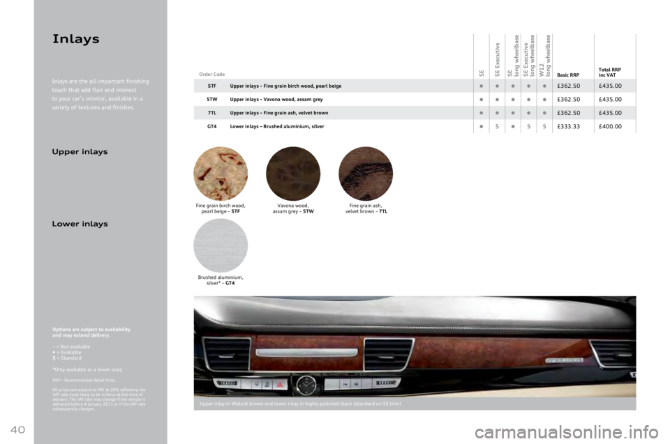 AUDI A8 2011 Owners Guide 
40
Inla\bs
Options are subject to availability 
and \fay extend delivery.	
–	=	Not	available	• =	Available	S	=	Standard	
*Only	available	as	a	lower	inlay
RRP	–	Recommended	Retail	Price.	
All	pr