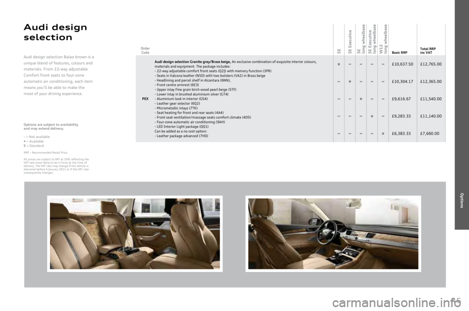 AUDI A8 2011 Service Manual 
45
Audi  design 
sele\ftion
Options are subject to availability  
and \fay extend delivery.
–
	=	Not	available
•	=	AvailableS	=	Standard
RRP	–	Recommended	Retail	Price.	
All	prices	are	subject	