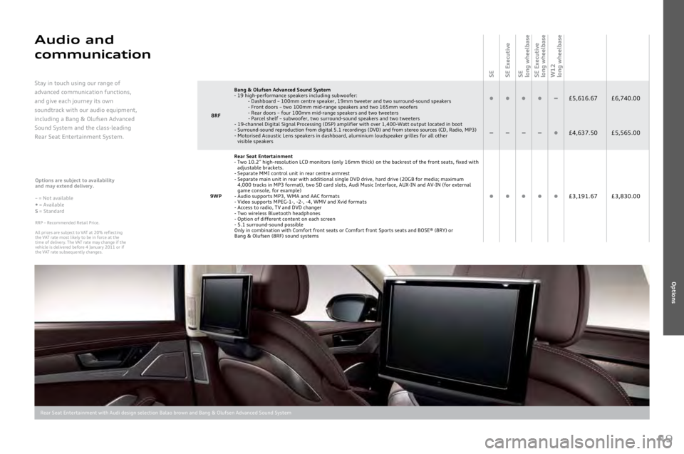 AUDI A8 2011  Owners Manual 
49
Rear	Seat	Entertainment	with	Audi	design	selection	Balao	brown	and	Bang	&	Olufsen	Advanced	Sound	System
Options
8RFBang & Olufsen \bdvanced Sound Syste\f
-
	19	high-performance	speakers	including	