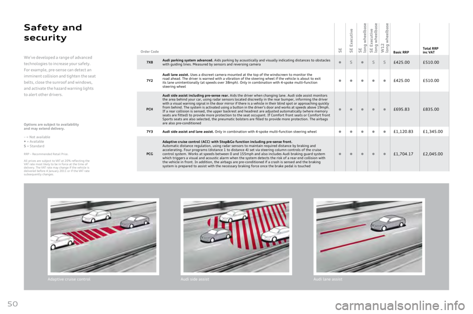 AUDI A8 2011 Owners Manual
50
Options are subject to availability
and \fay extend delivery.
–
= Not available
• = Available
S = Standard
RRP – Recommended Retail Price.
All prices are subject to VAT at \b\f% reflecti AUDI A8 2011 Owners Manual
50
Options are subject to availability
and \fay extend delivery.
–
= Not available
• = Available
S = Standard
RRP – Recommended Retail Price.
All prices are subject to VAT at \b\f% reflecti