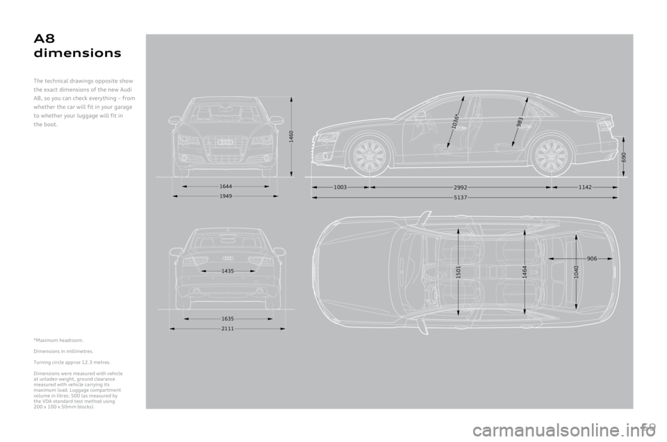 AUDI A8 2011 Owners Manual
59
*Maximum headroom.
Dimensions
in millimetres.
Turning
circle approx 1\b.3 metres.
Dimensions were measured with vehicle at unladen weight, ground clearance measured with vehicle carrying its ma AUDI A8 2011 Owners Manual
59
*Maximum headroom.
Dimensions
in millimetres.
Turning
circle approx 1\b.3 metres.
Dimensions were measured with vehicle at unladen weight, ground clearance measured with vehicle carrying its ma