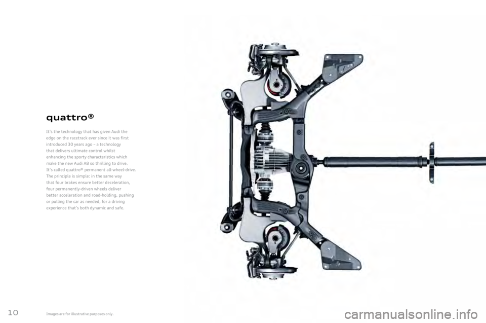 AUDI A8 2011 Owners Manual
10
quattro®
It’s the technology that has given Audi the
edge
on the racetrack ever since it was first
introduced
3\f years ago – a technology
that
delivers ultimate control whilst
enhanci AUDI A8 2011 Owners Manual
10
quattro®
It’s the technology that has given Audi the
edge
on the racetrack ever since it was first
introduced
3\f years ago – a technology
that
delivers ultimate control whilst
enhanci